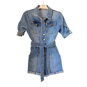 Avec Les Filles Denim Romper Jumpsuit XS With Belted Waist and Cuffs